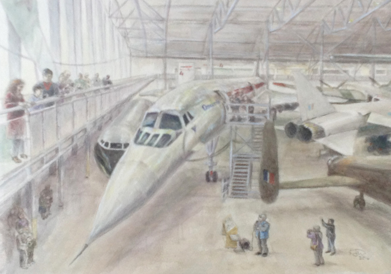 Watercolour of Concorde G-AXDN lowering nose and visor, Katie John