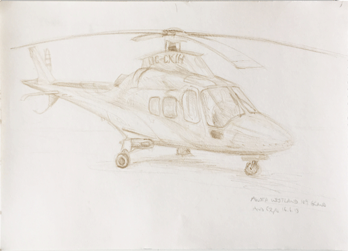 Agusta Westland 109 helicopter, AeroExpo 2018, pencil drawing by Katie John