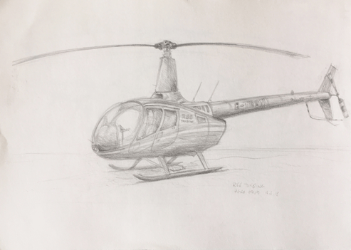 Robinson R66 turbine helicopter pencil sketch by Katie John